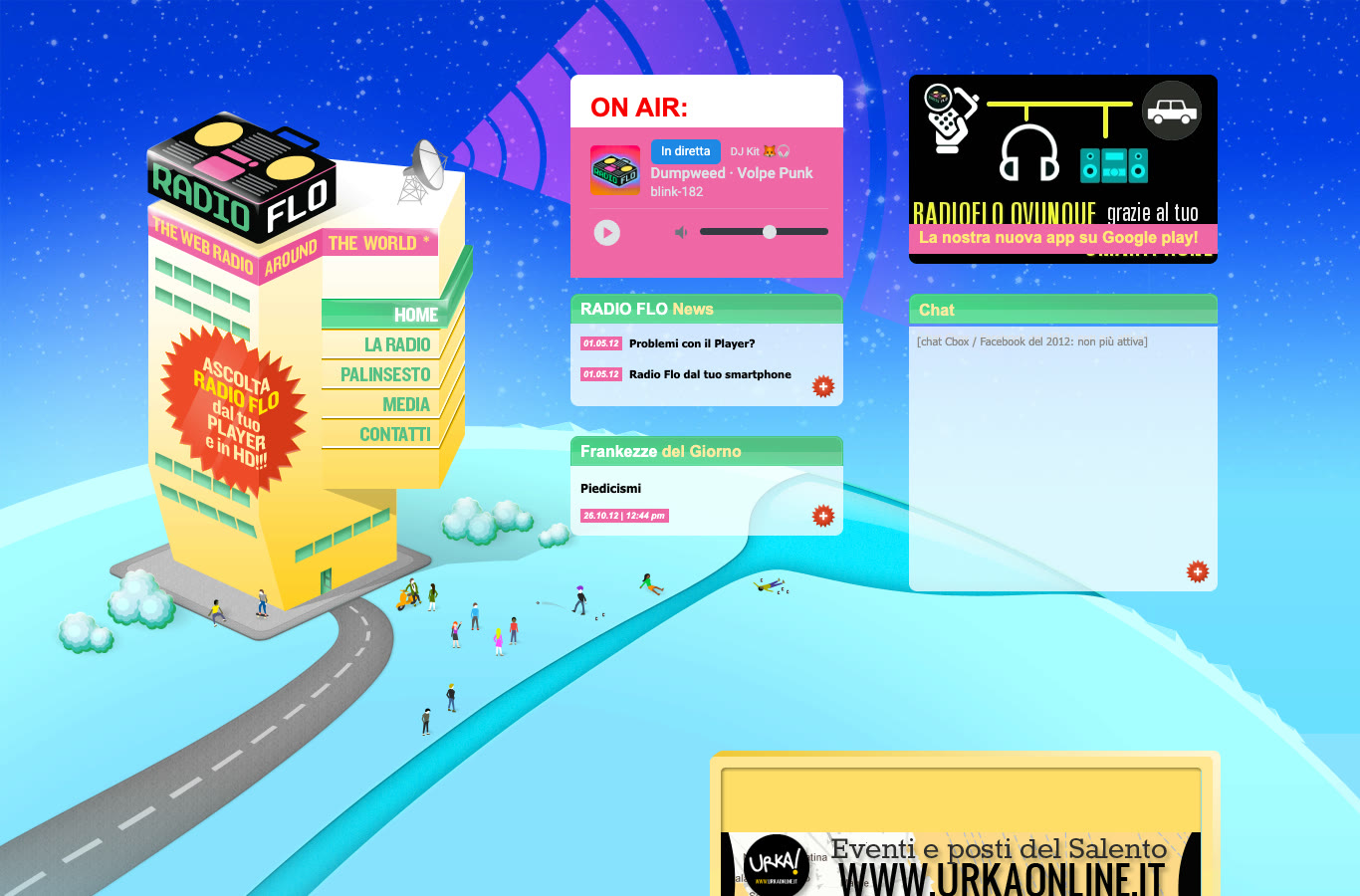 Il sito di Radio Flo nel 2012 con il banner «Radio Flo ovunque grazie al tuo smartphone» e la news «Radio Flo dal tuo smartphone»