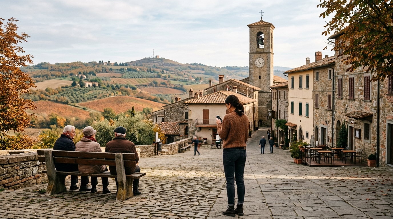 Piazza di un borgo collinare italiano con una donna che guarda lo smartphone e anziani su una panchina: secondo il rapporto I-Com ItalIA 2030 il 5G copre il 99,8% delle famiglie ma solo il 51% della popolazione lo usa