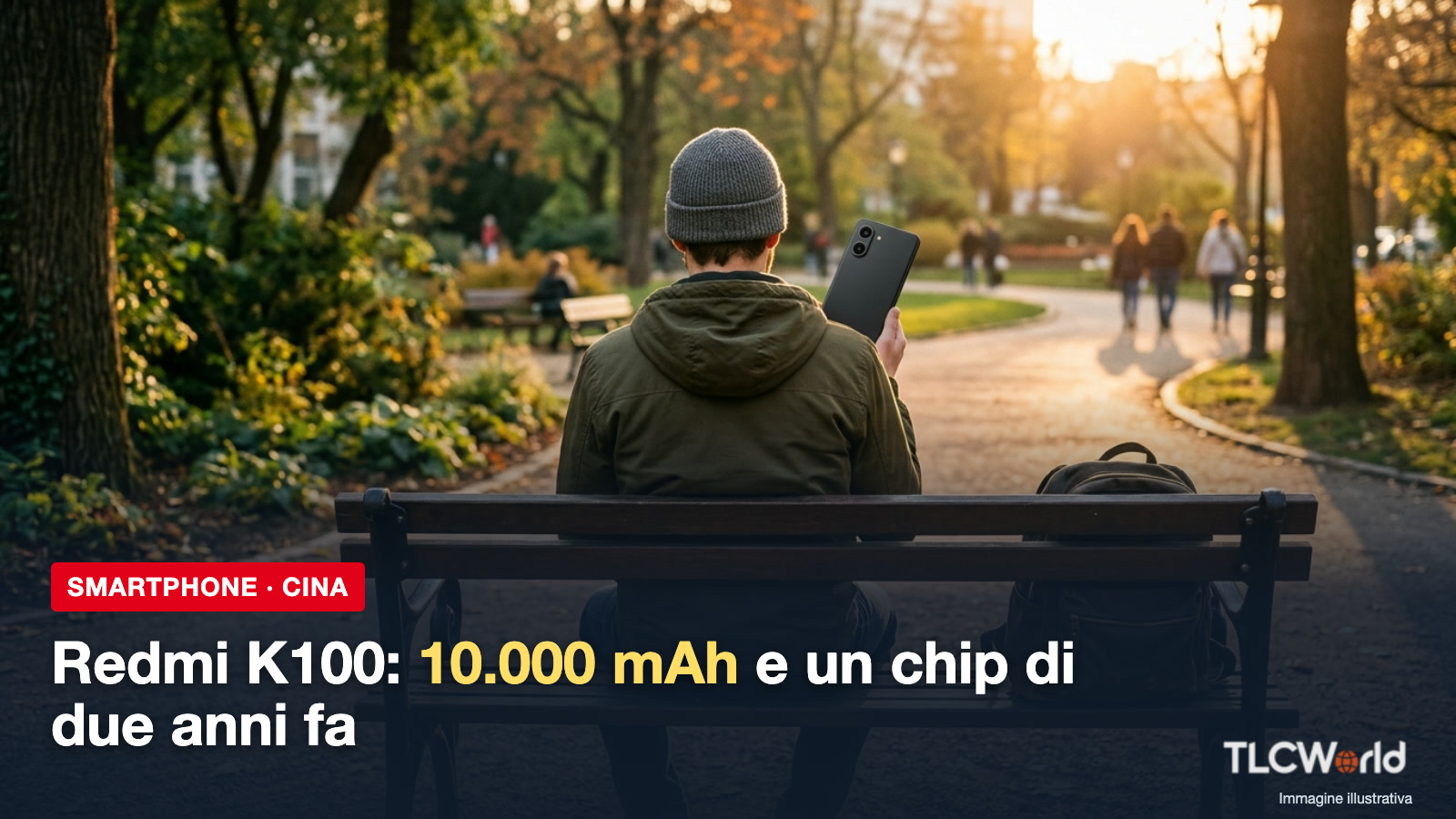 Copertina TLCworld: Redmi K100, batteria da 10.000 mAh e un chip di due anni fa, ragazzo con lo smartphone al parco