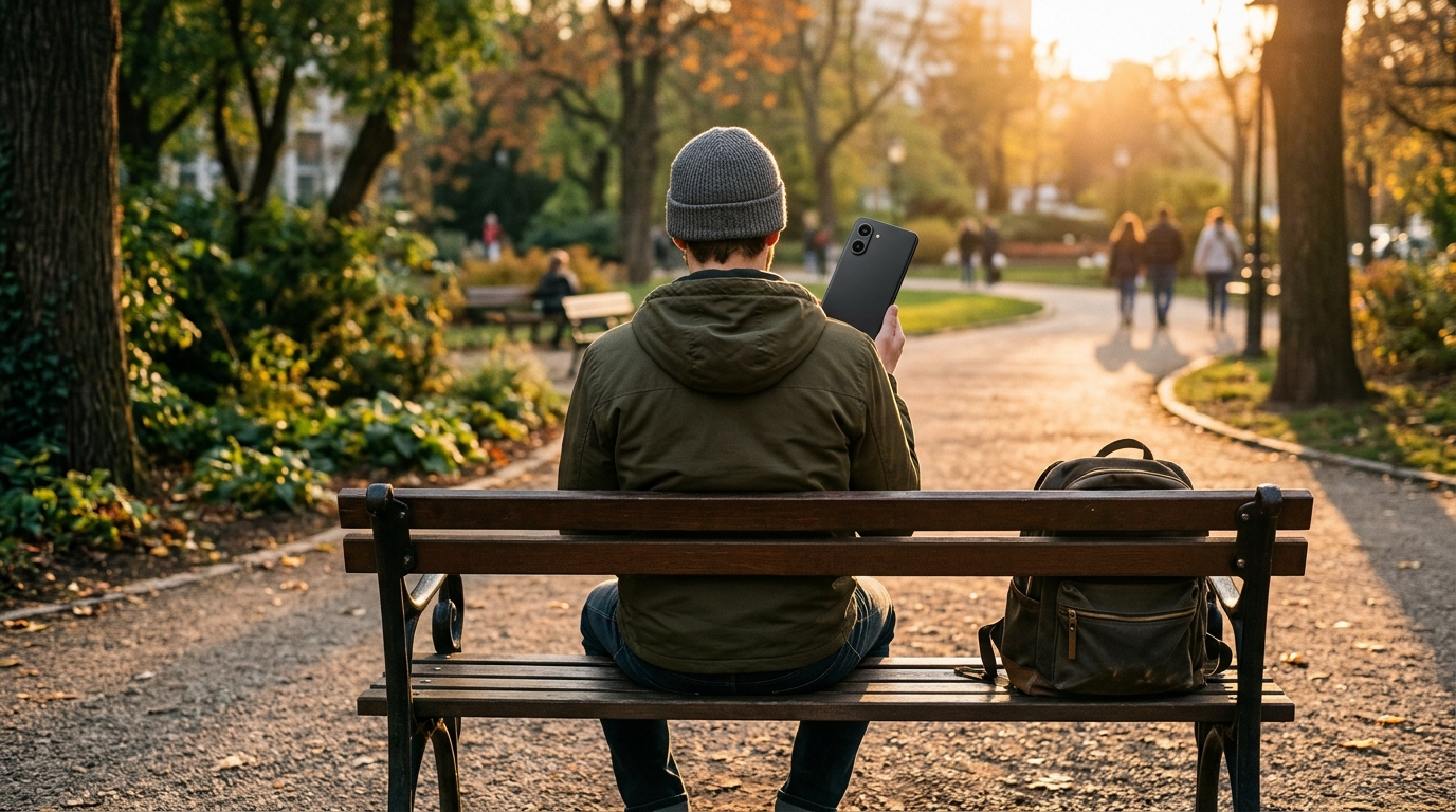 Un ragazzo su una panchina al parco tiene in mano uno smartphone: il Redmi K100 porta una batteria da 10.000 mAh con lo Snapdragon 8 Elite del 2024