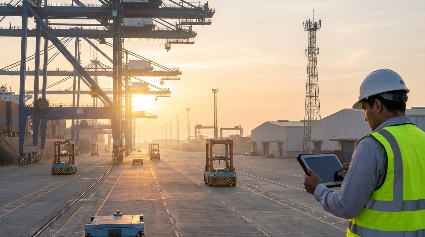 Reti 5G private in Messico: un ingegnere con il tablet in un porto container automatizzato all'alba, con un traliccio alto sullo sfondo