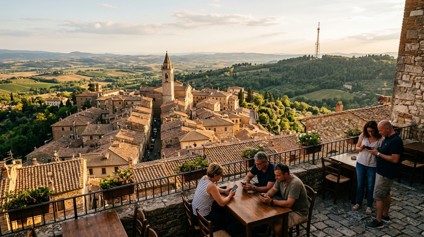Terrazza panoramica su un borgo italiano al tramonto con persone che usano lo smartphone e un traliccio delle telecomunicazioni lontano sul crinale: il rinnovo delle frequenze mobili 2029 e la posizione di Asstel