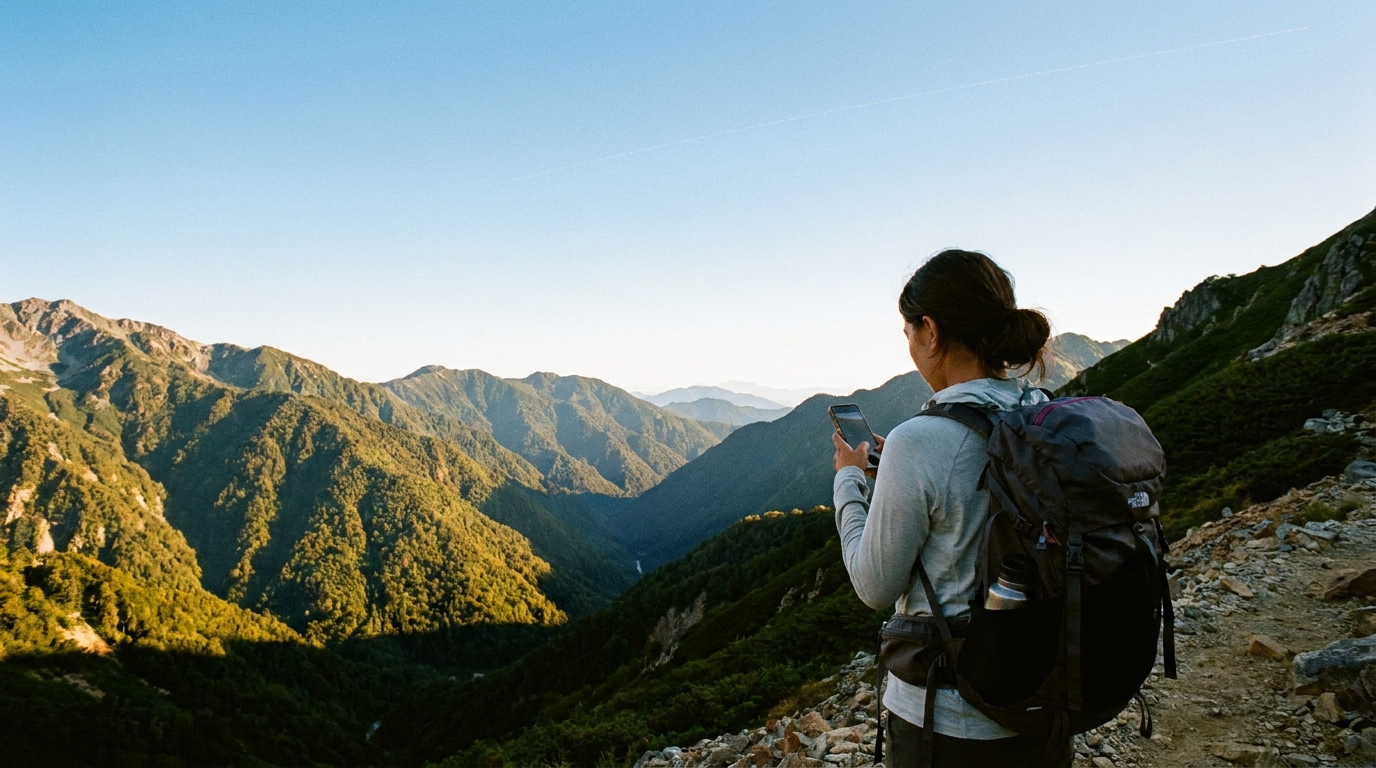Roaming satellitare Rogers: escursionista di spalle con lo smartphone in mano su un sentiero di montagna in Giappone, senza antenne, con una scia di satelliti nel cielo