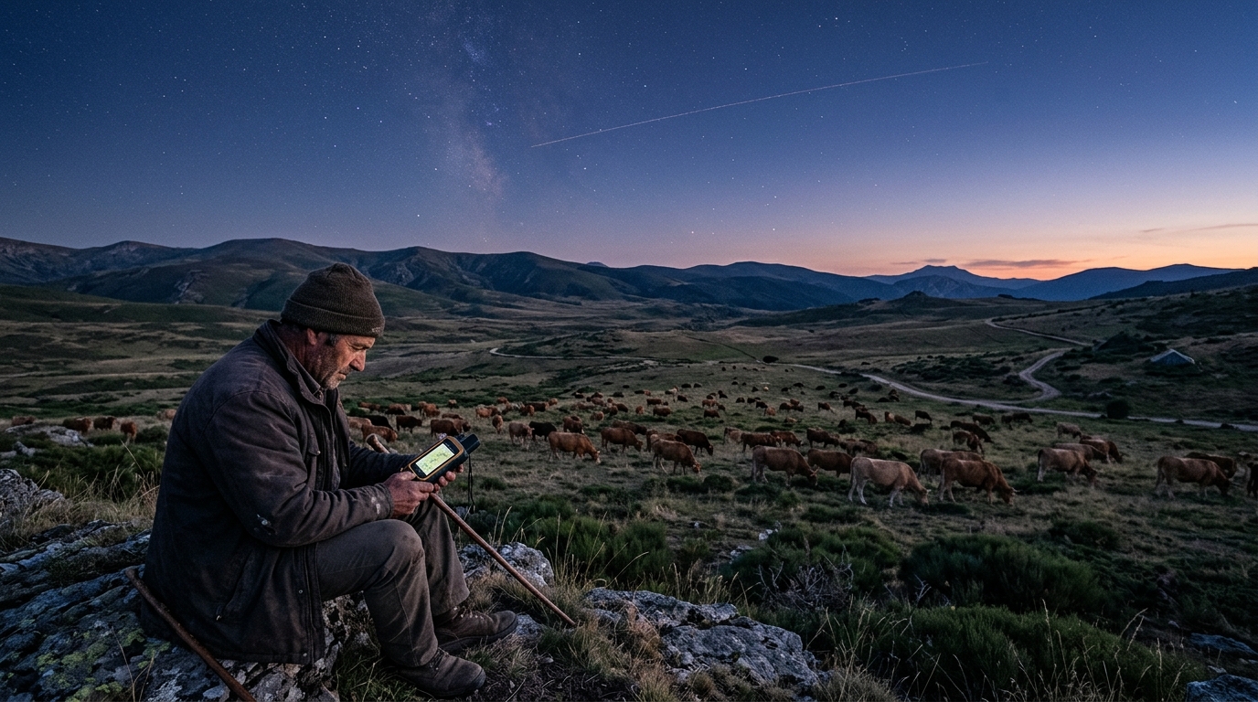 Allevatore seduto su una roccia in un altopiano spagnolo al crepuscolo, mandria al pascolo e scia di un satellite nel cielo stellato: i cinque nuovi satelliti 5G NTN IoT di Sateliot (missione Draconis) servono proprio le aree senza rete mobile