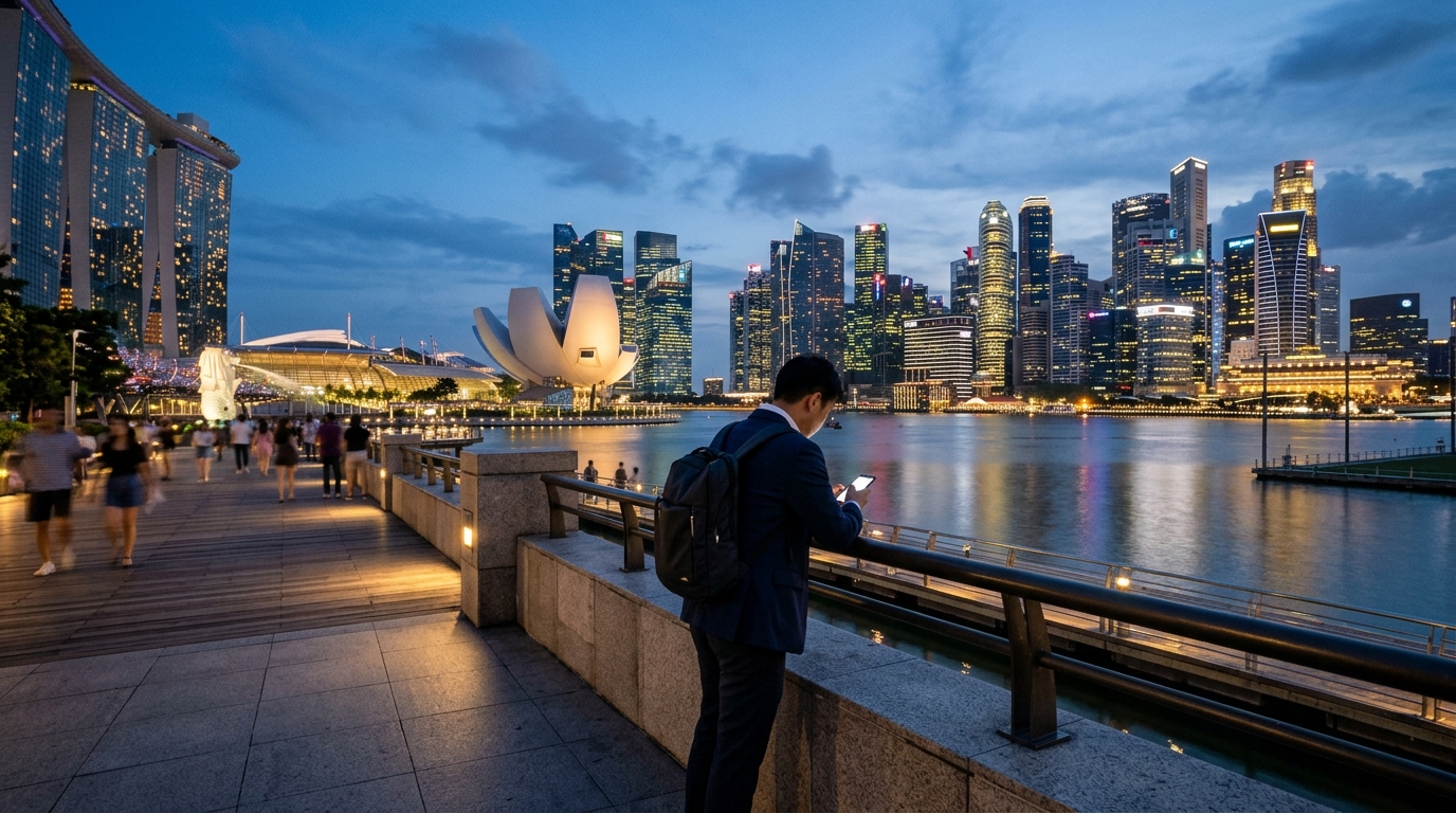 Skyline di Singapore al crepuscolo con una persona di spalle che guarda lo smartphone dal lungofiume: Simba Singapore rischia la licenza, l'IMDA contesta l'uso non autorizzato dello spettro