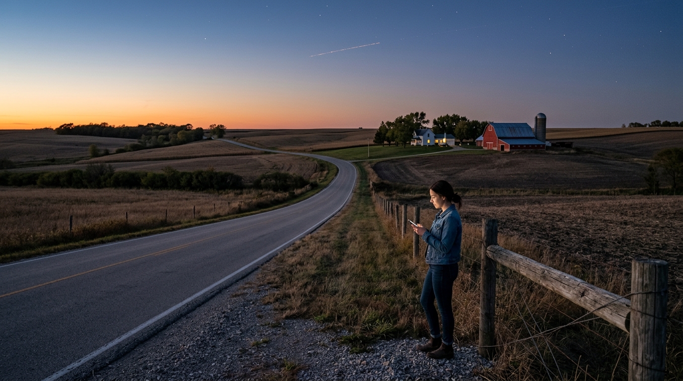 Donna con lo smartphone al tramonto lungo una strada di campagna americana, fattoria lontana e scia di un satellite nel cielo: SpaceX compra gli 800 MHz per Starlink Mobile