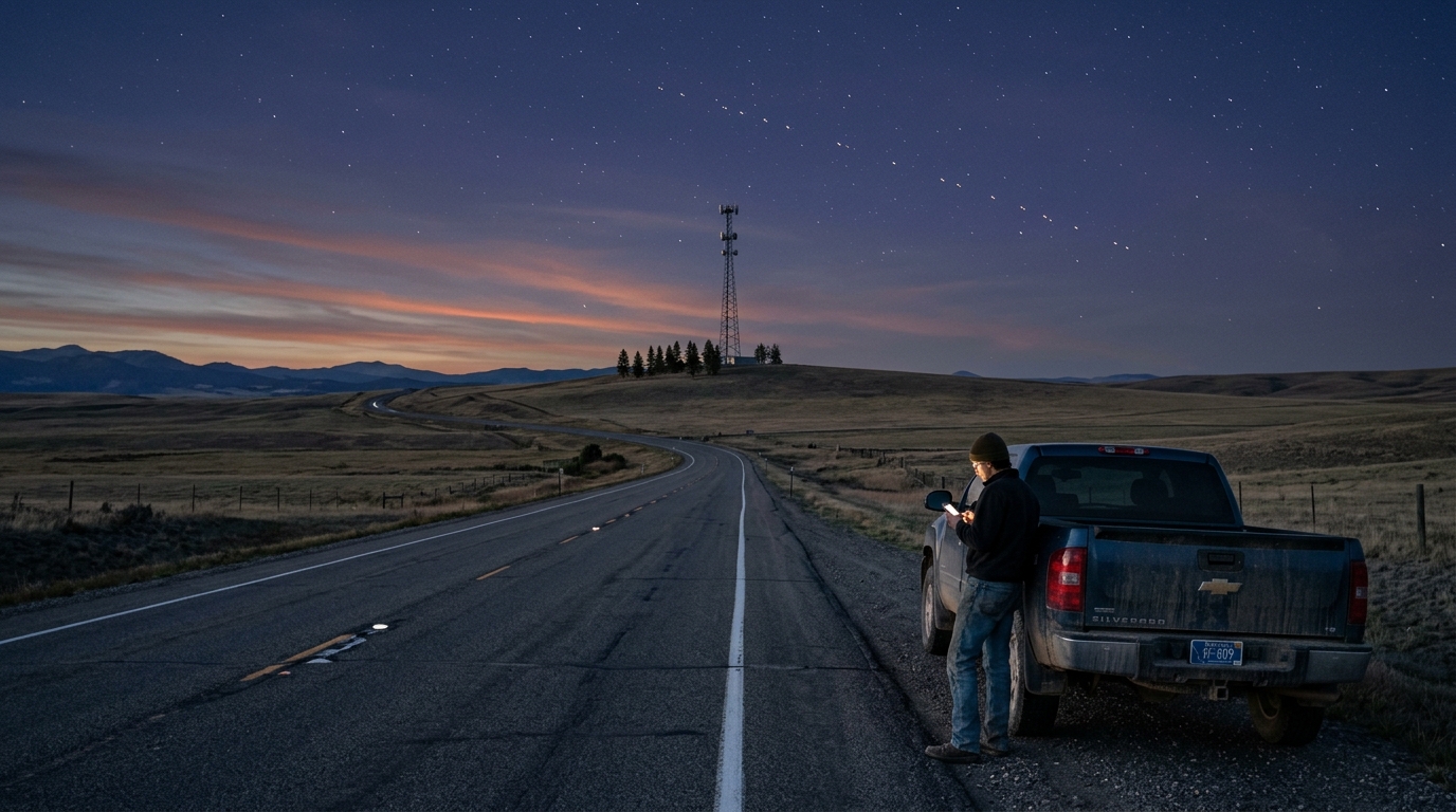 Strada americana al tramonto con un alto traliccio per telecomunicazioni su una collina e una scia di satelliti nel cielo: SpaceX tratta 80.000 siti cellulari per Starlink Mobile