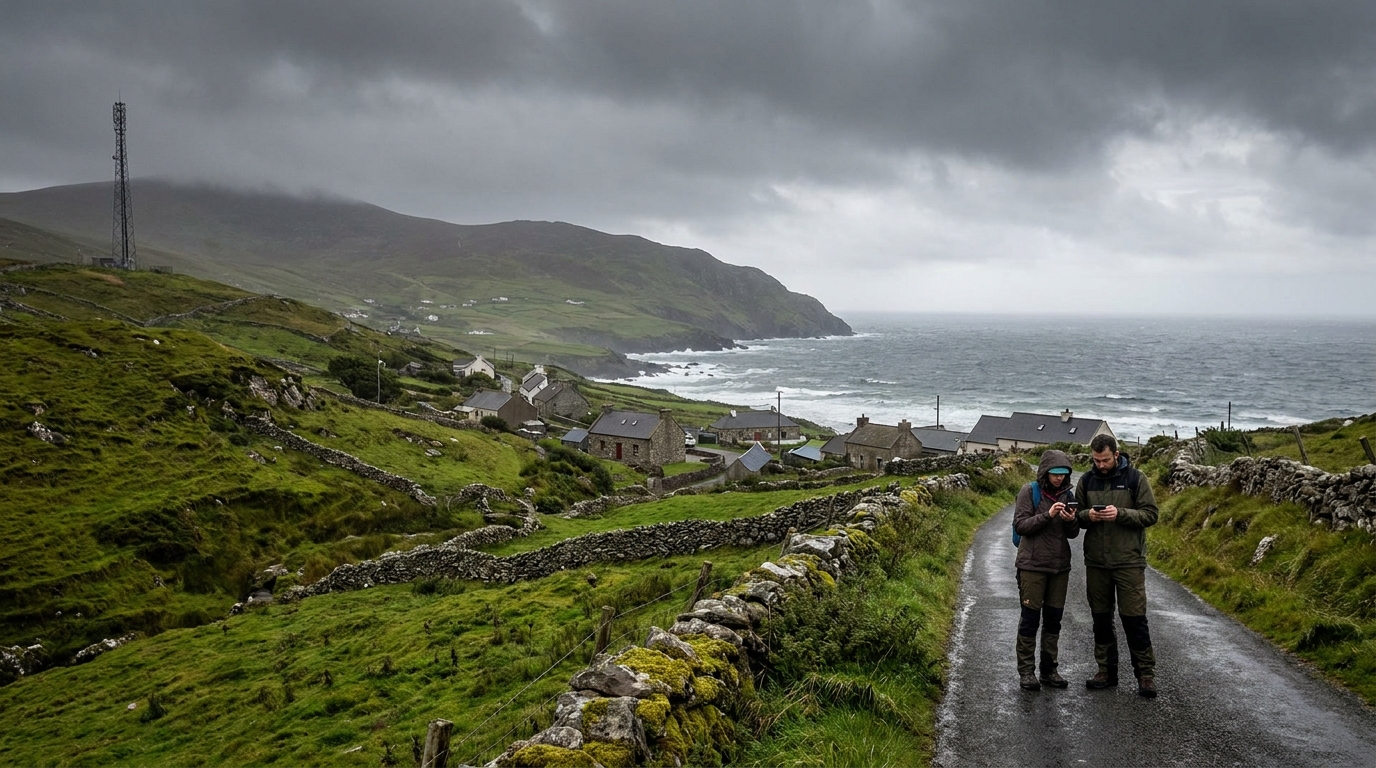 Spegnimento 3G Eir: due persone con lo smartphone su una strada della costa del Donegal, con un traliccio lontano in cima alla collina