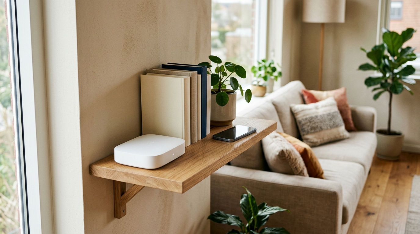 Router Wi-Fi bianco su una mensola di legno in un soggiorno luminoso, con uno smartphone accanto: lo spettro 7 GHz è conteso fra Wi-Fi e reti mobili