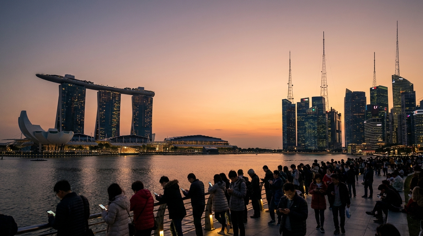 StarHub e MyRepublic a Singapore: pendolari con lo smartphone sul lungomare di Marina Bay al tramonto, con i tralicci sui grattacieli