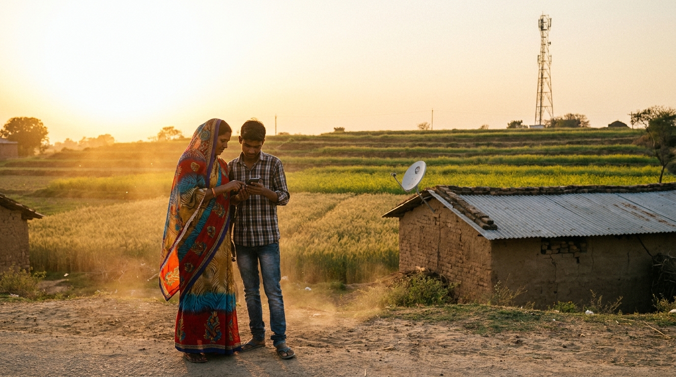 Starlink in India: una donna in sari e un ragazzo guardano lo smartphone in un villaggio al tramonto, con una parabola sul tetto e un traliccio lontano