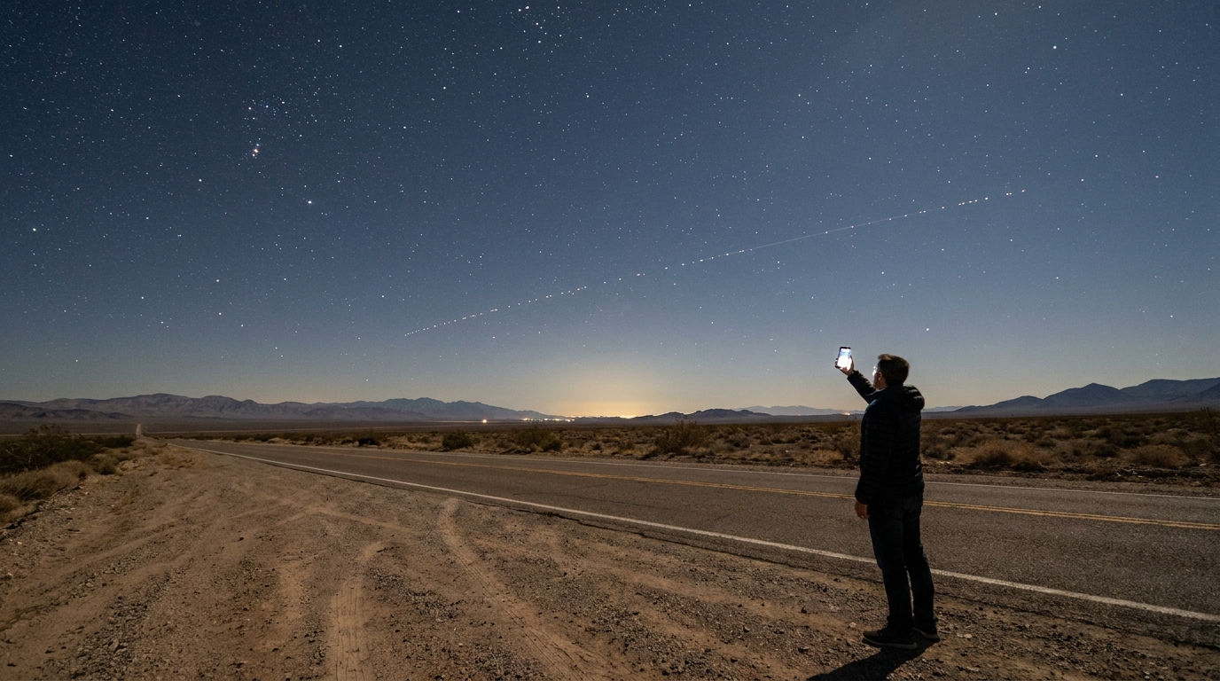 Starlink Mobile 15.000 satelliti: un uomo alza lo smartphone verso il cielo notturno del deserto americano attraversato da una fila di satelliti