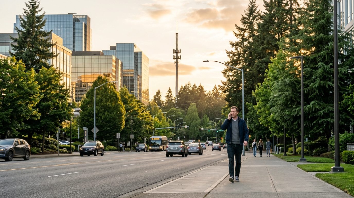 Prima chiamata AI-RAN: un uomo telefona con lo smartphone in una strada di Bellevue, Washington, con un sito radio lontano sopra gli alberi