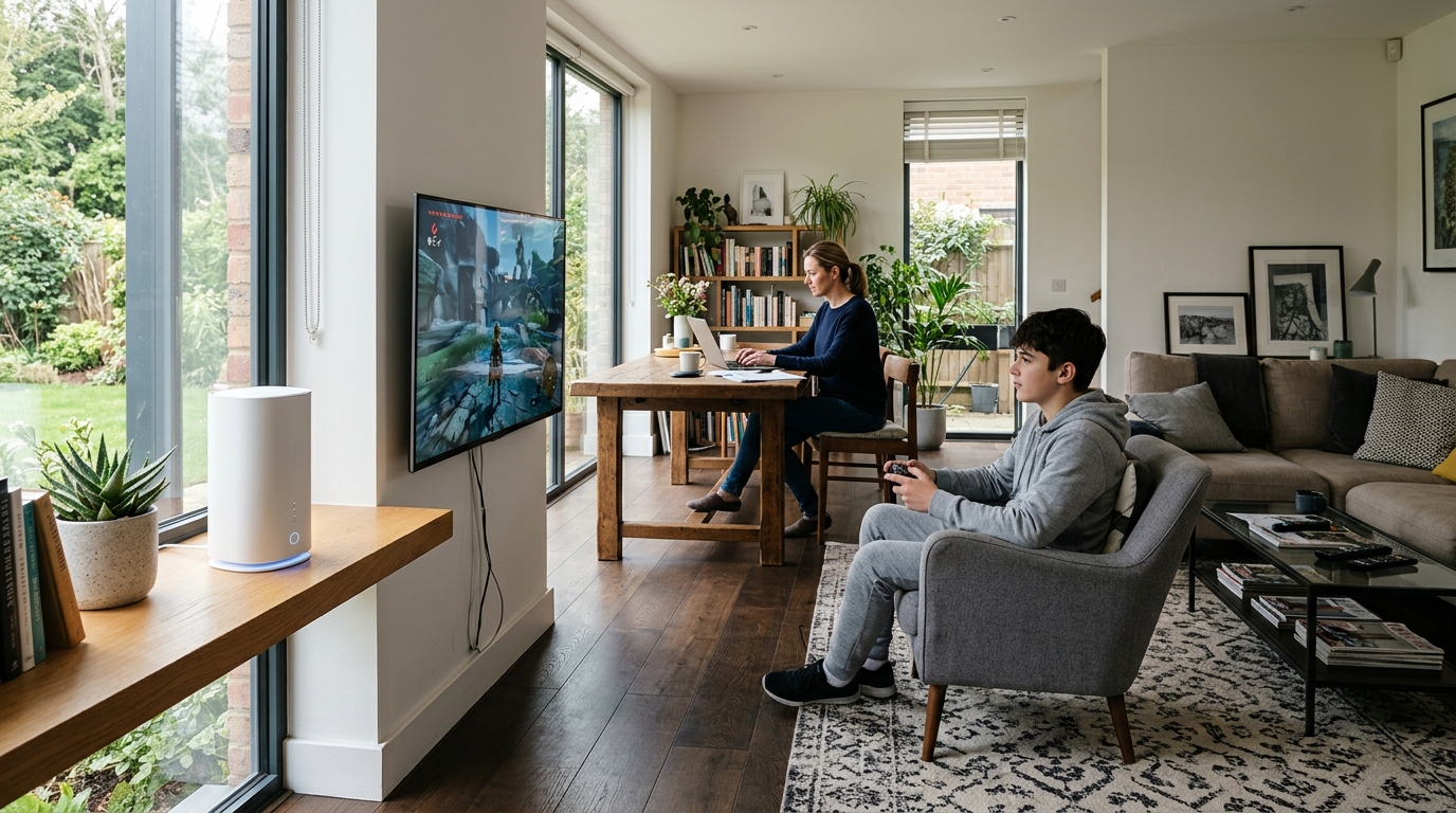 Un soggiorno con un ragazzo che gioca alla TV e una donna al portatile, sul davanzale un router 5G bianco: il TCL 5G AI CPE X5 presentato a Network X 2026 con otto antenne e AI a bordo