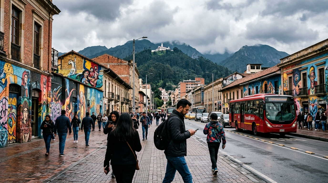 Strada del centro di Bogotá con persone che guardano lo smartphone, murales e il monte Monserrate sullo sfondo: Telecall Colombia costruirà la sua rete 5G con l'Open RAN e l'intelligenza artificiale di Parallel Wireless