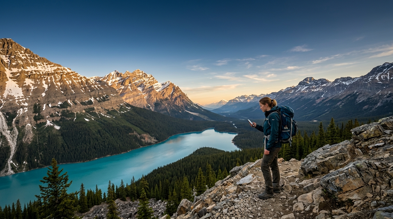 Escursionista con lo smartphone in montagna in Canada lontano dalle celle: il test TELUS AST SpaceMobile porta dati, voce e SMS via satellite