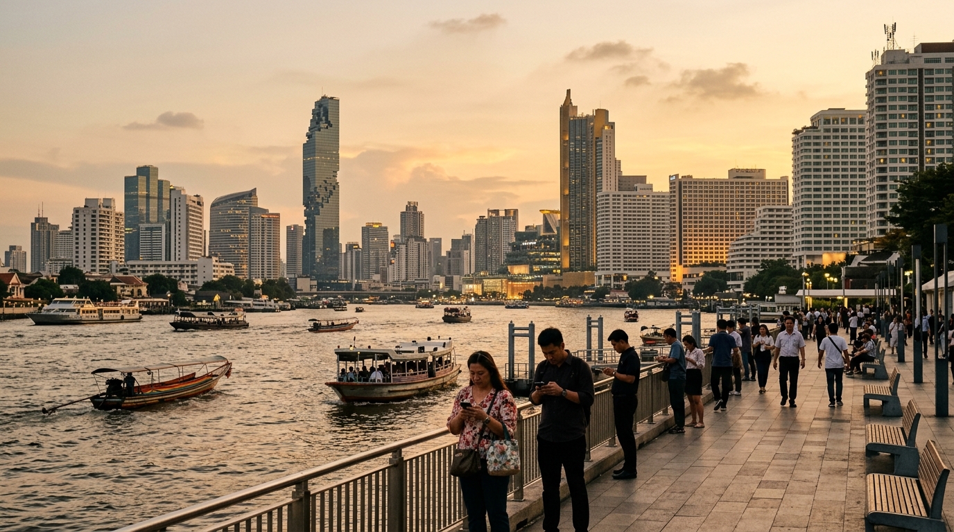 Asta 2100 MHz Thailandia: skyline di Bangkok al tramonto sul fiume Chao Phraya con pendolari che usano lo smartphone, mentre la NBTC è bloccata