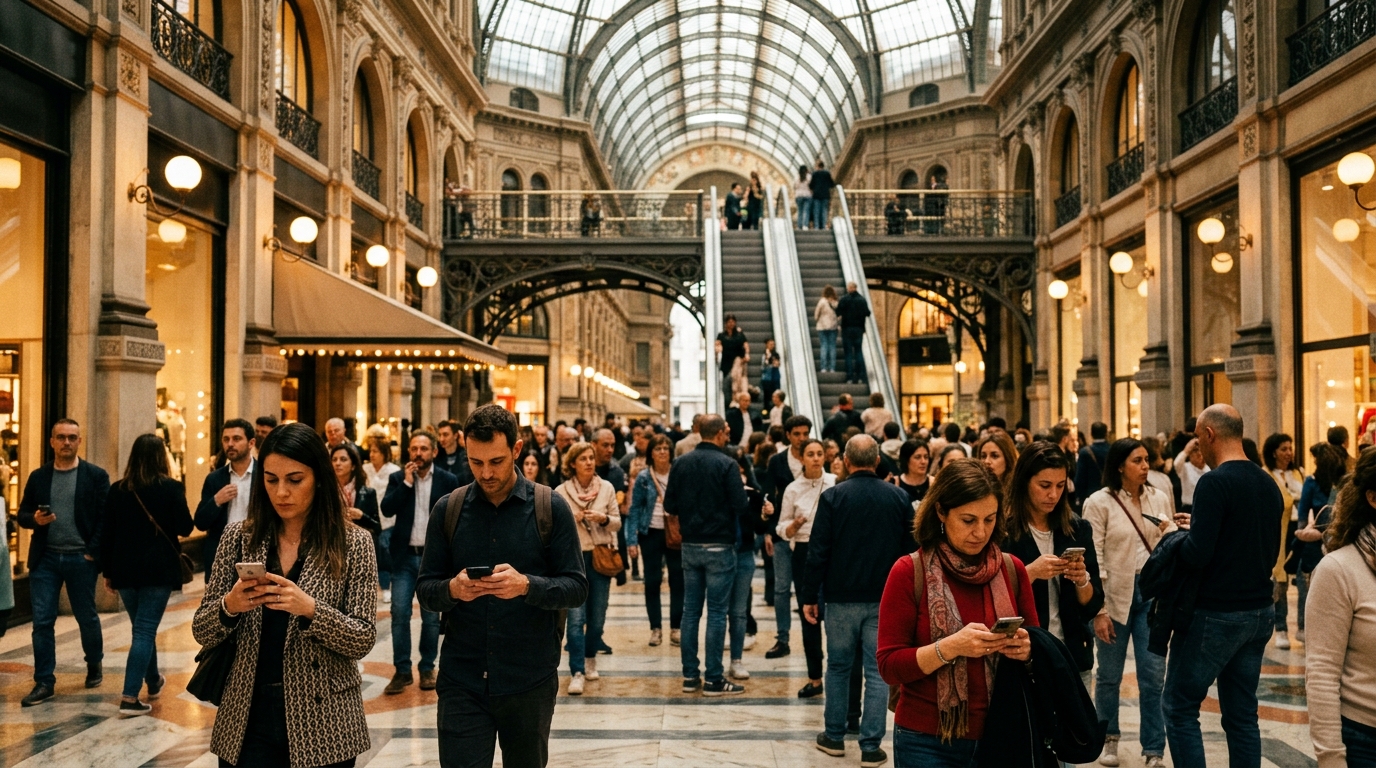 Folla in una galleria commerciale al chiuso con persone che usano lo smartphone: lo scenario in cui TIM 5G Priority passa davanti al 5G Ultra