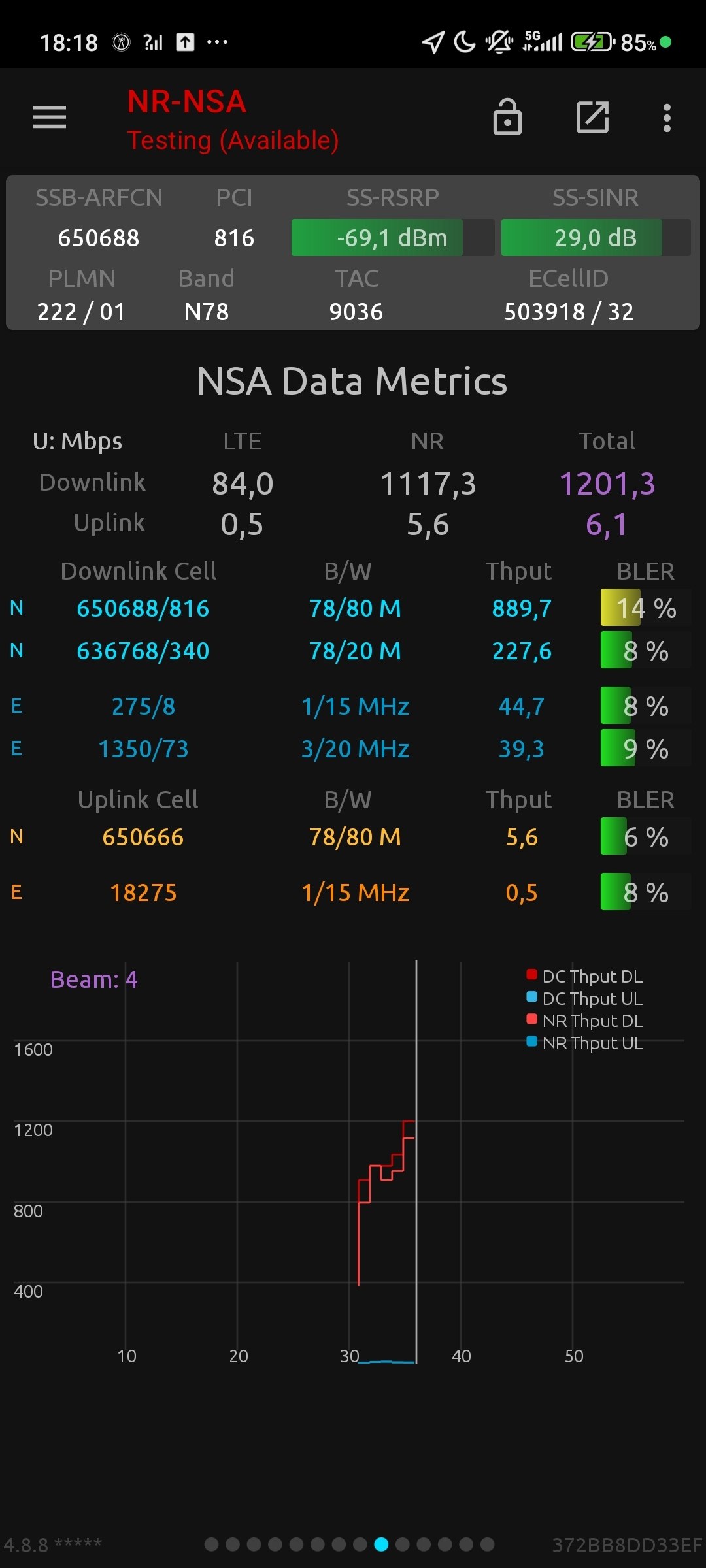 Schermata NSG del test di DjAndrea a Monza: TIM aggrega due portanti n78 da 80 e 20 MHz, 1.201 Mbps totali in download