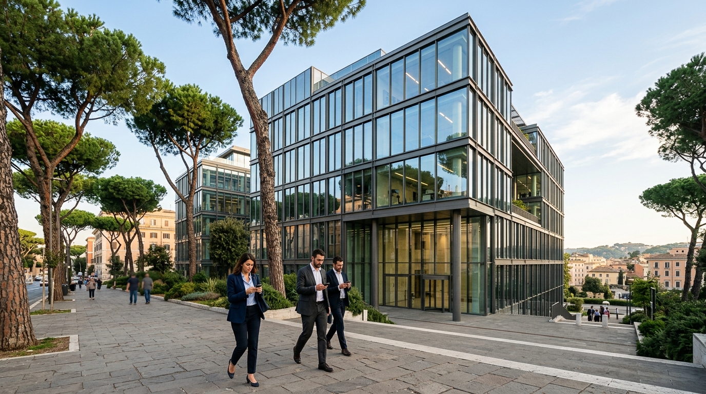 Nuovo CTO TIM: facciata di un palazzo direzionale a Roma al mattino con passanti che usano lo smartphone