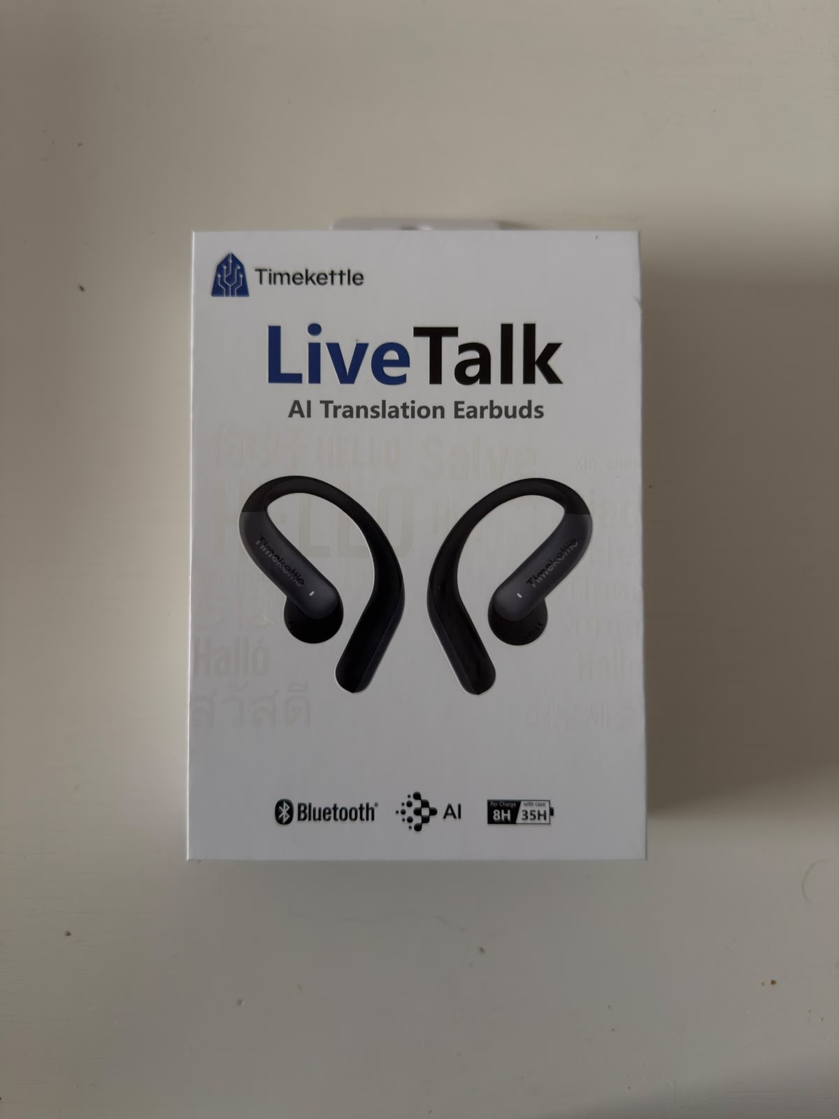 Confezione di Timekettle LiveTalk, auricolari con traduzione AI, con le scritte Bluetooth, AI, 8 ore per carica e 35 ore con la custodia