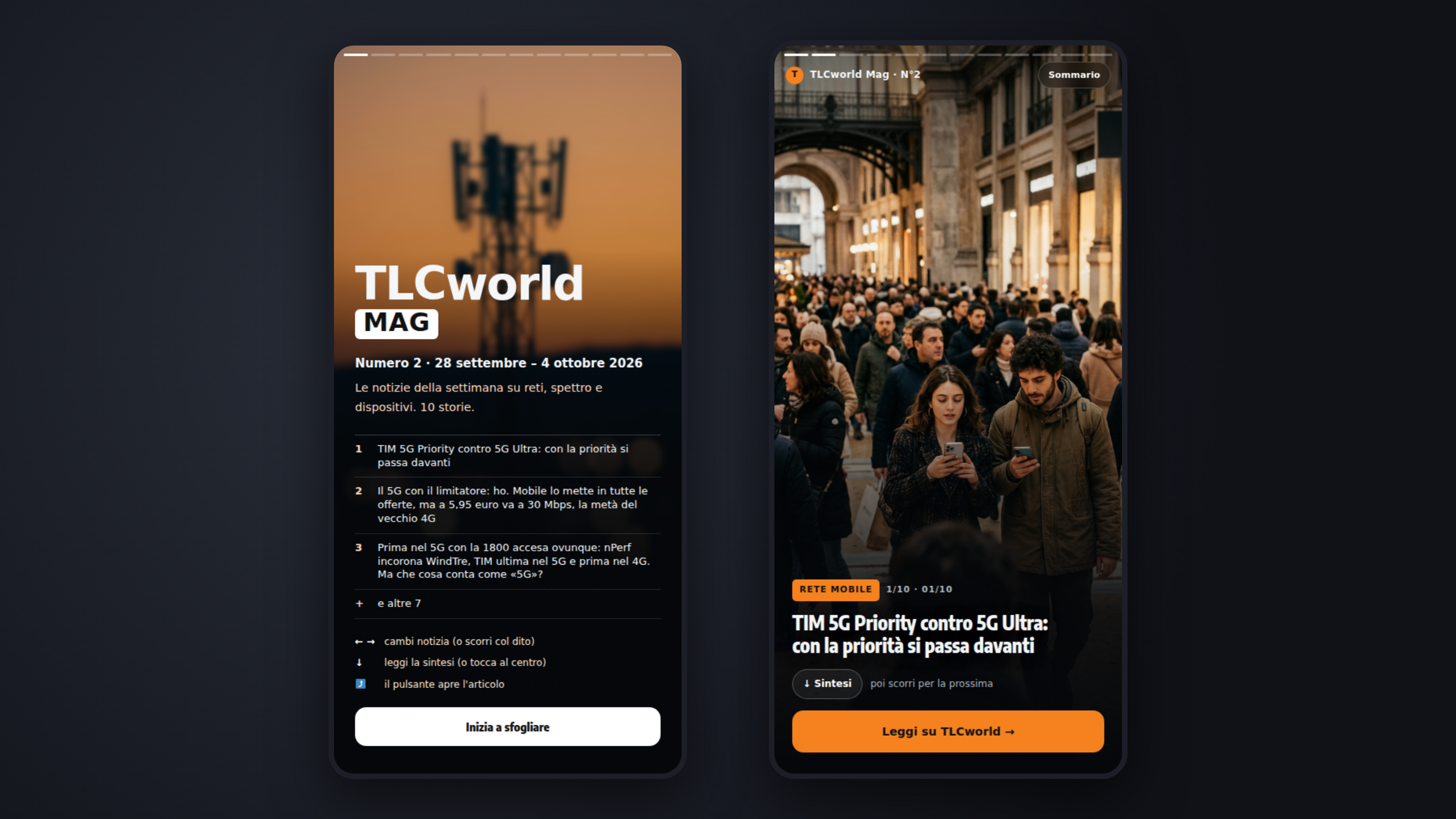 TLCworld Mag N°2: la copertina e la prima storia sul test TIM 5G Priority in cella satura, due schermate del magazine settimanale su smartphone