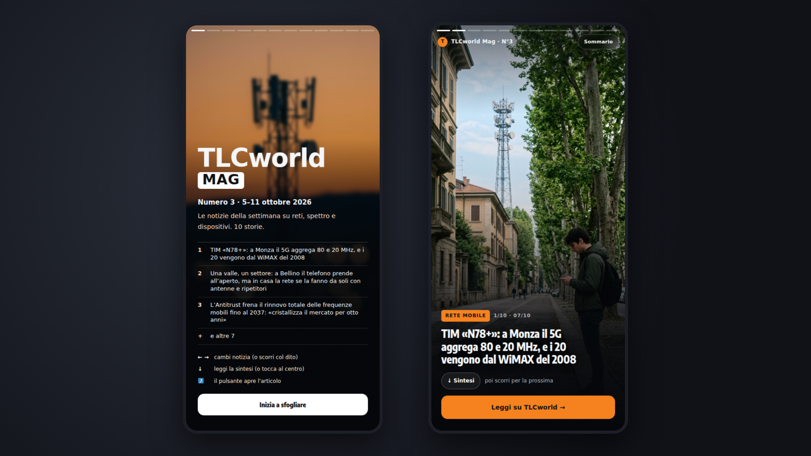 TLCworld Mag N°3: la copertina e la prima storia su TIM N78+ a Monza, due schermate del magazine settimanale su smartphone