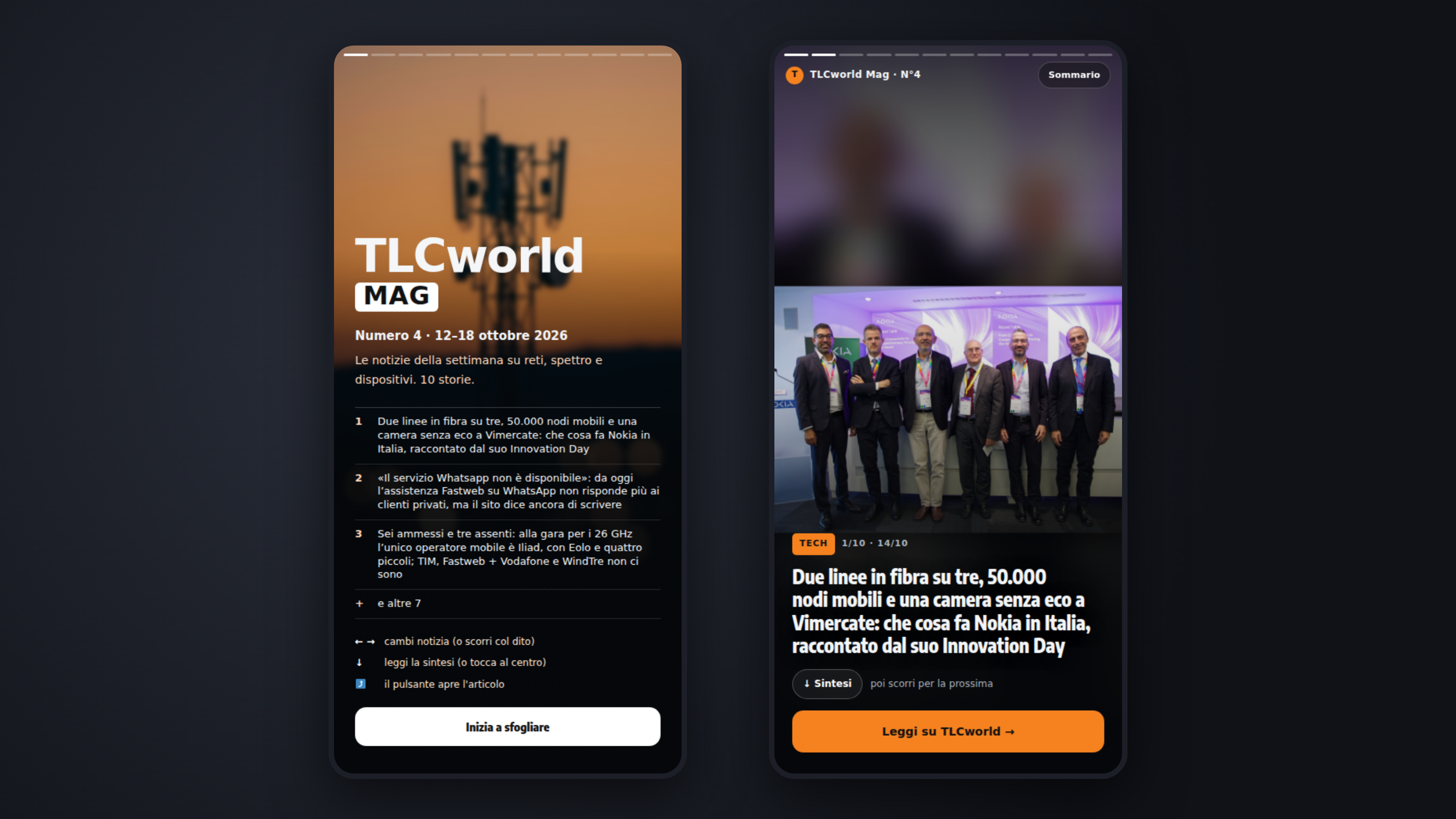 TLCworld Mag N°4: la copertina e la prima storia sul Nokia Innovation Day di Vimercate, due schermate del magazine settimanale su smartphone