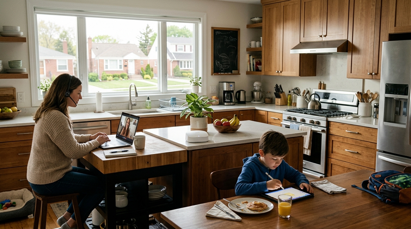 Una famiglia americana in cucina con portatile e tablet e un router Wi-Fi bianco sul bancone: TP-Link offre quasi un miliardo di dollari alla FCC per l'approvazione dei suoi router Wi-Fi 8