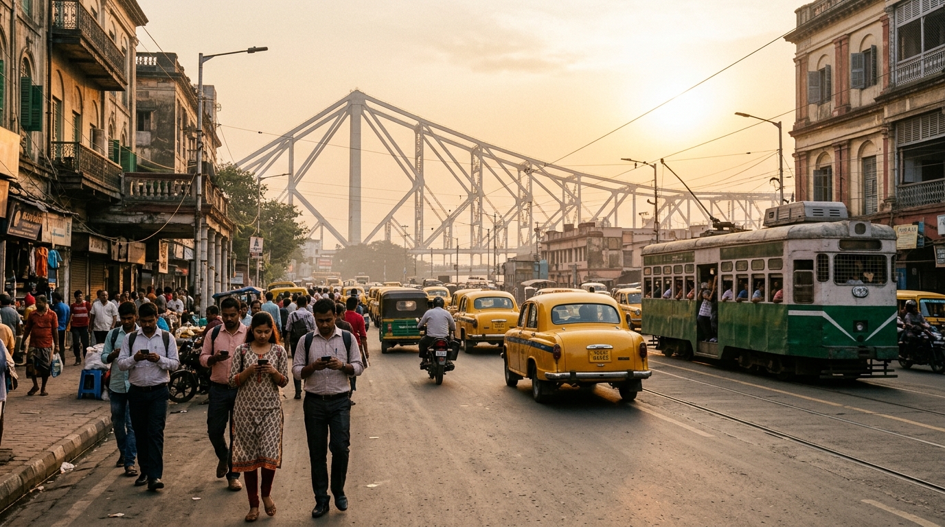 Strada affollata di Calcutta al tramonto con taxi gialli, un tram e passanti che guardano lo smartphone, il ponte di Howrah sullo sfondo: il drive test indipendente della TRAI sulle reti mobili