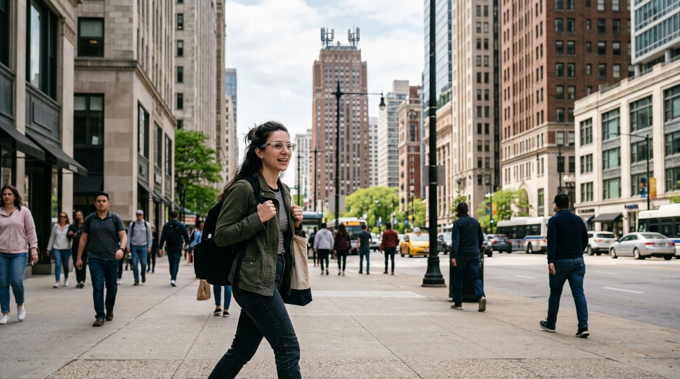 Ragazza con occhiali smart cammina in una città americana, antenne della rete mobile sul tetto di un grattacielo: il 6G e la svolta per l'uplink dell'AI