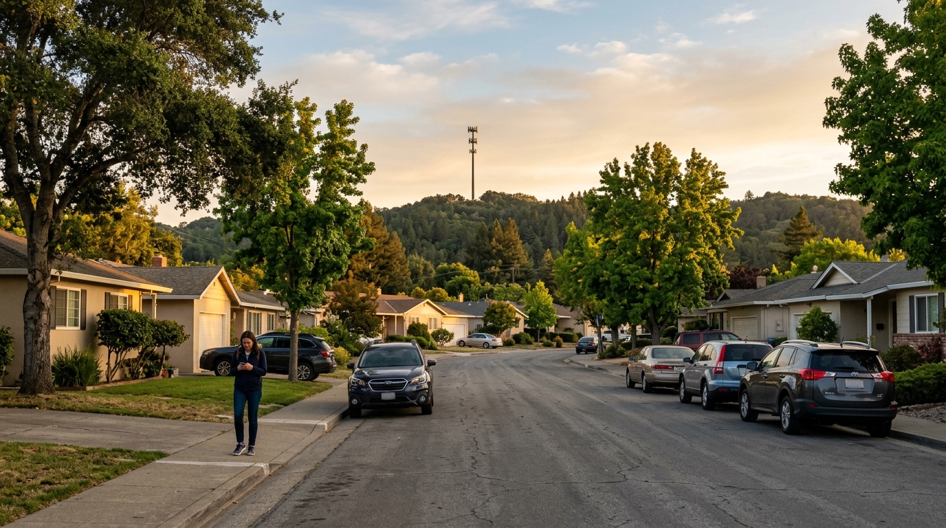 Strada residenziale californiana al tramonto con una persona che guarda lo smartphone e un palo delle telecomunicazioni lontano sulla collina: la prima chiamata 6G pre-standard a 7 GHz di Verizon ed Ericsson a Concord