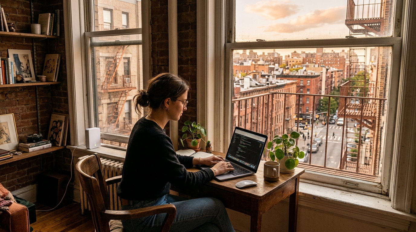 Donna al laptop vicino alla finestra di un appartamento americano con un piccolo ricevitore internet sul davanzale: il nuovo FWA Verizon a 1 Gbit/s sulle onde millimetriche