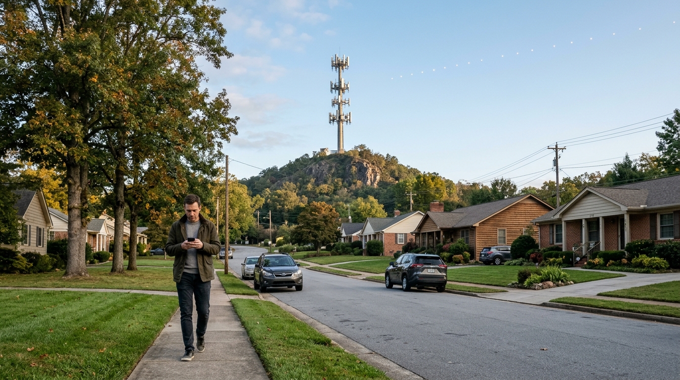 Verizon SpaceX: un uomo guarda lo smartphone in una strada suburbana americana, con un sito della rete mobile sulla collina e una fila di satelliti nel cielo