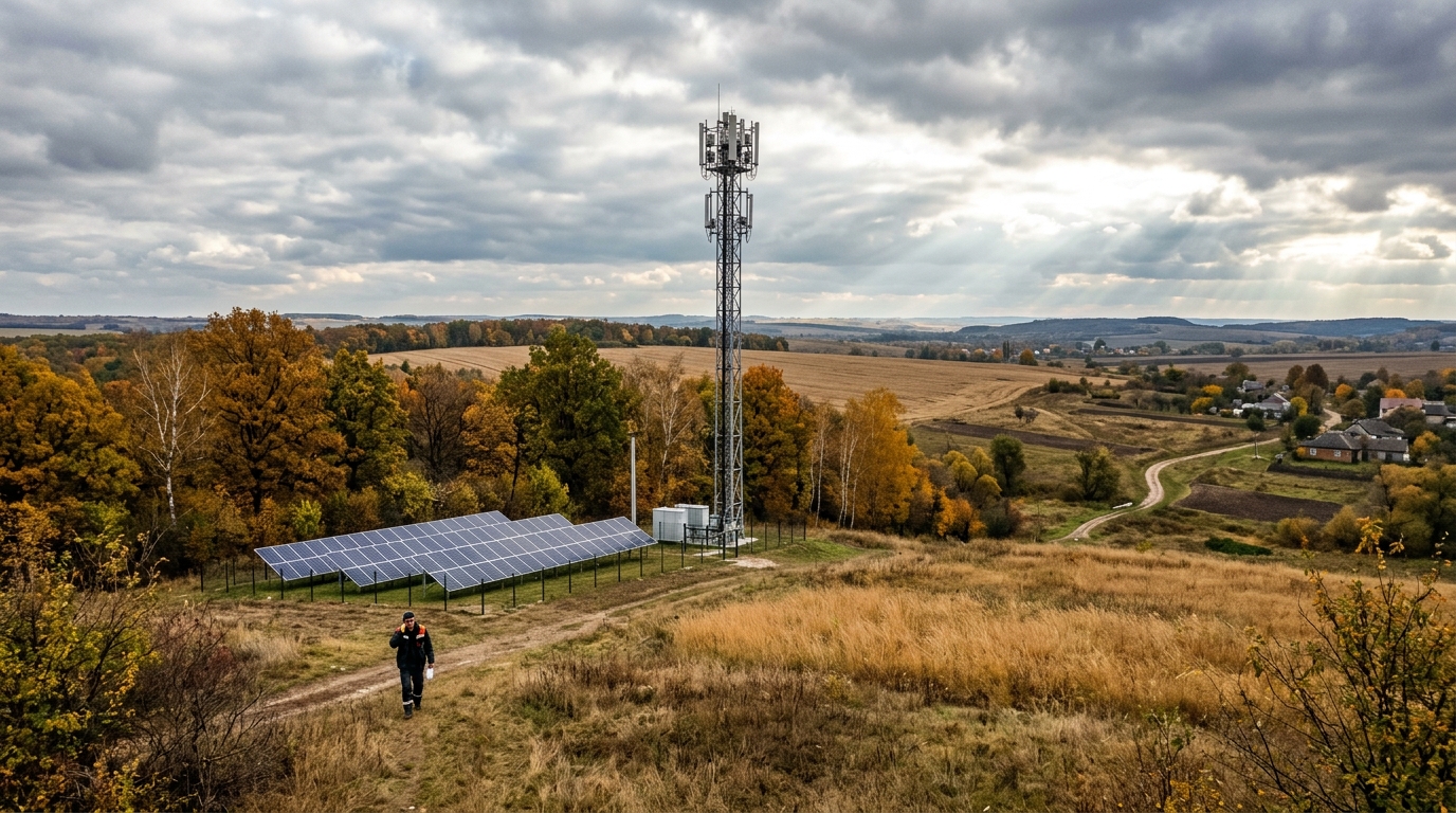 Vodafone Ukraine solare: pannelli fotovoltaici a terra accanto a un alto traliccio della rete mobile nella campagna ucraina in autunno
