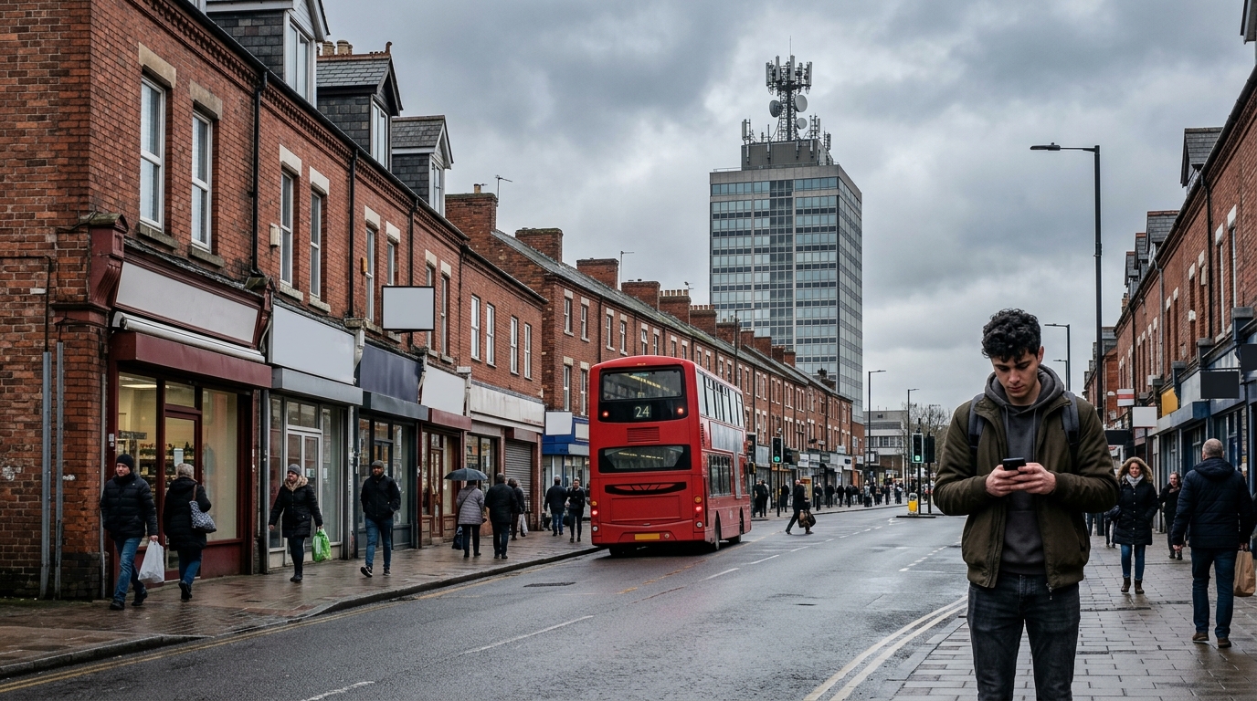 Via commerciale di una città britannica con un autobus a due piani e un uomo con lo smartphone, antenne mobili in cima a un palazzo lontano: VodafoneThree abbandona l'open RAN per Ericsson e Nokia