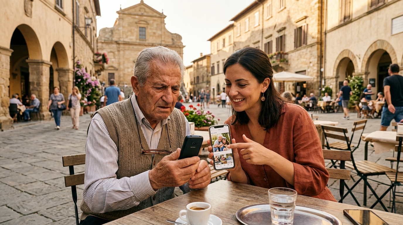 Un anziano guarda perplesso un vecchio cellulare in una piazza del Sud Italia mentre una donna gli mostra lo smartphone: lo switch-off del 3G WindTre e Very Mobile, con la sperimentazione autorizzata da AGCOM